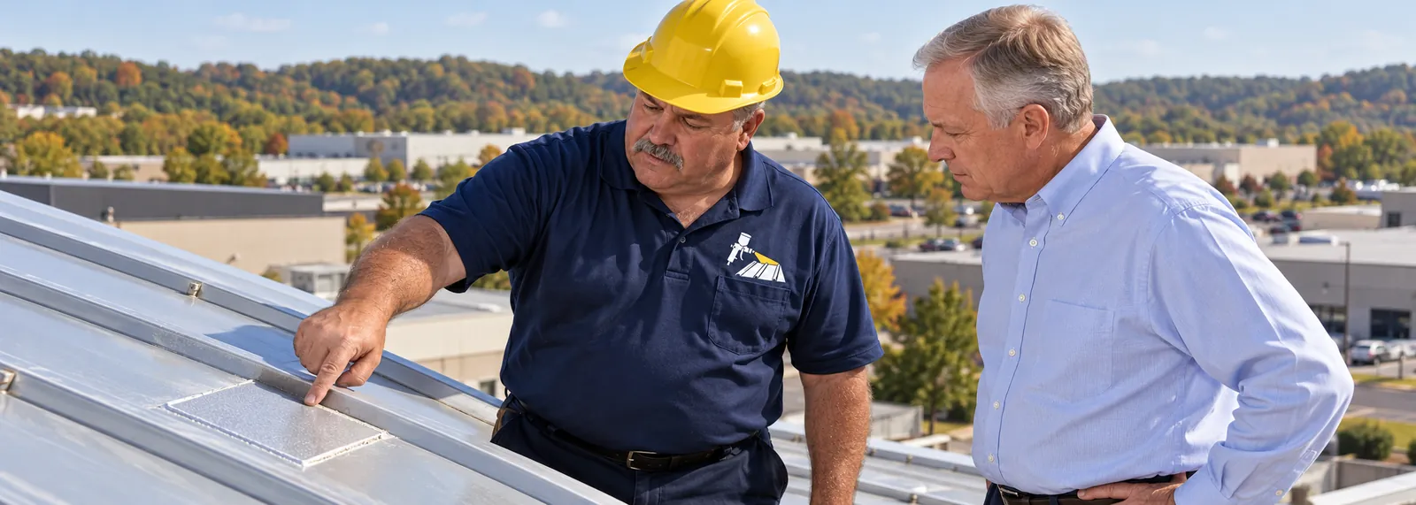 Roofer pointing out a seam on a metal roof to a building owner in Florence, Kentucky