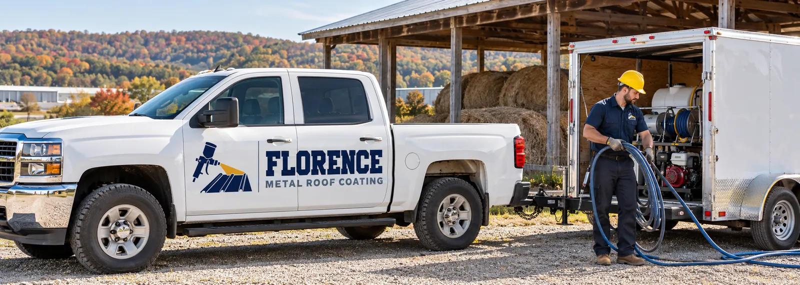 Work truck and coating trailer parked beside a hay barn with a metal roof near Union, Kentucky