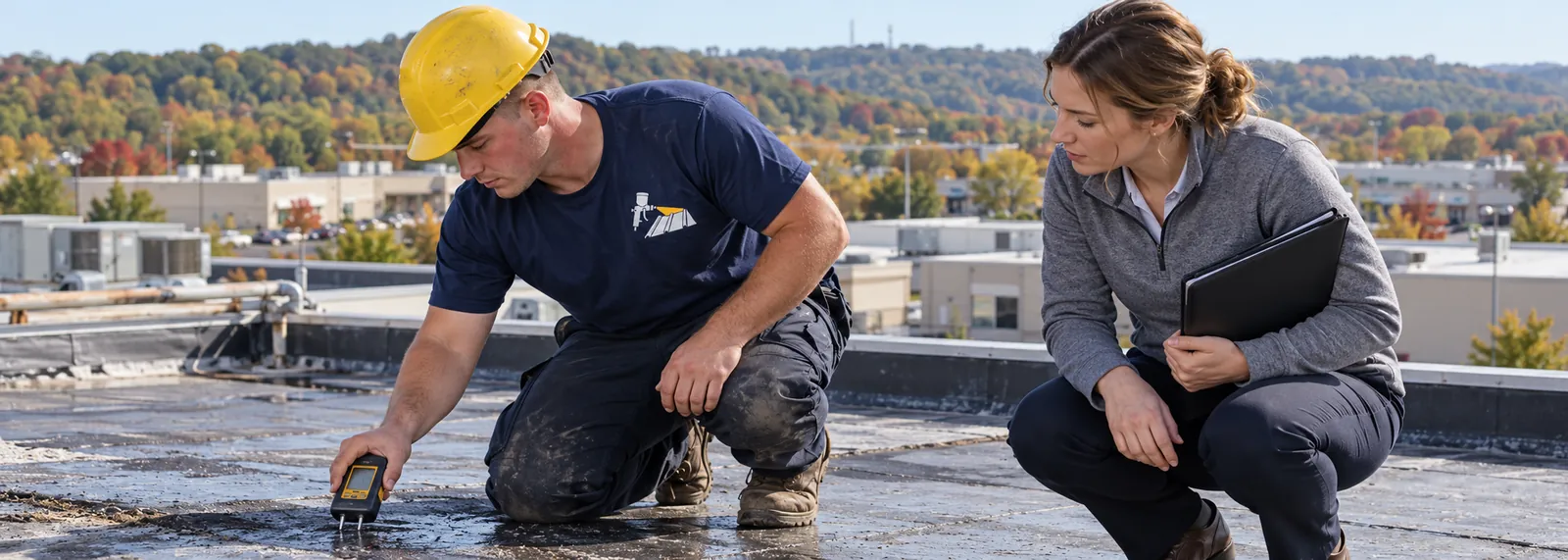 Roofer checking a commercial roof surface with a moisture meter while a facility manager watches