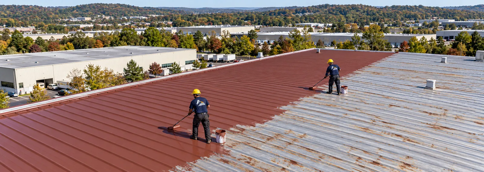 Crew rolling red coating onto a pitched commercial metal roof in Florence, Kentucky