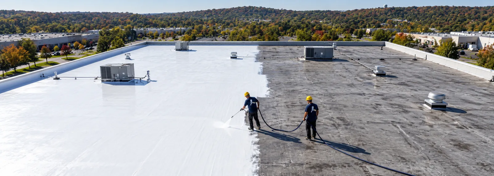 Crew spraying white silicone coating across a large flat commercial roof beside rooftop units