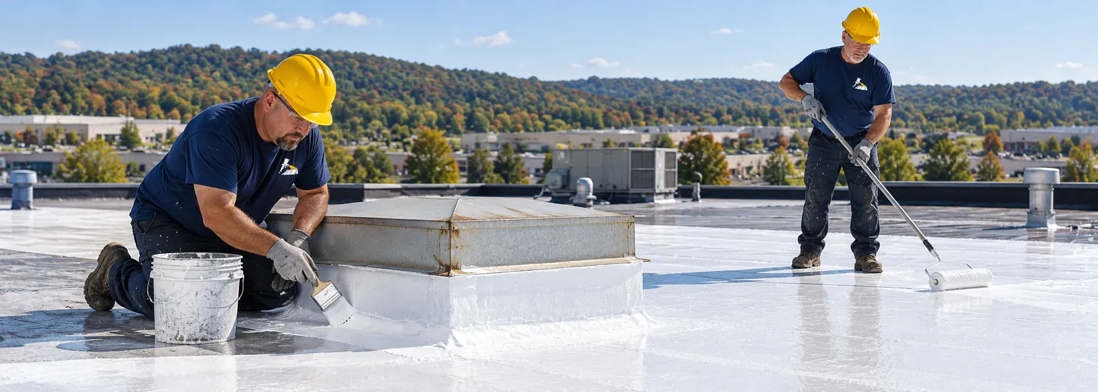 Roofer brushing coating around a skylight curb while a second worker rolls the roof field