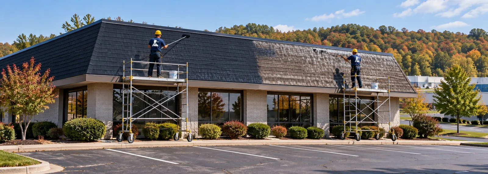 Two roofers on scaffolding coating the shingle roof of a one-story office building