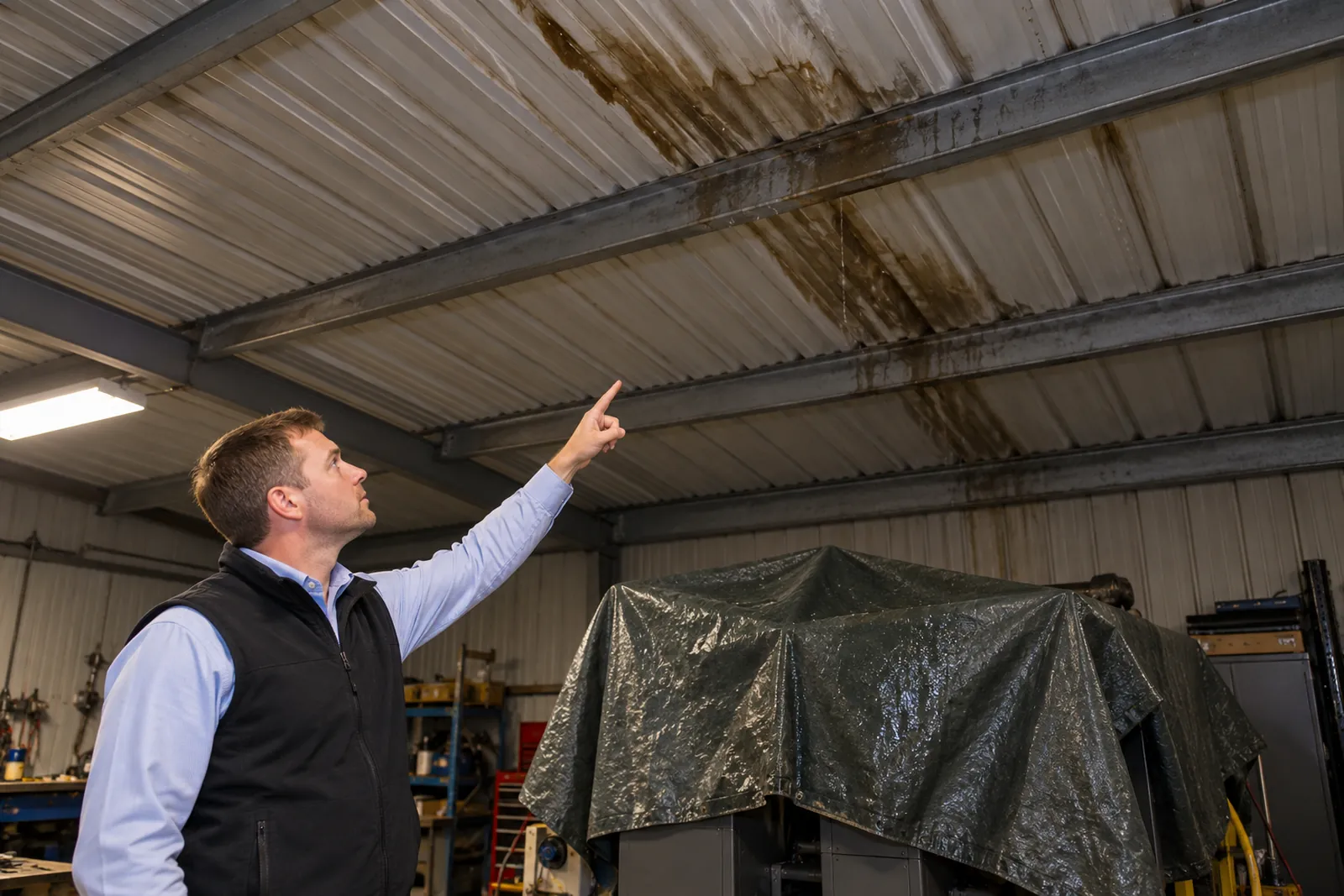 Building owner pointing at rust stains on the underside of a metal roof inside a shop
