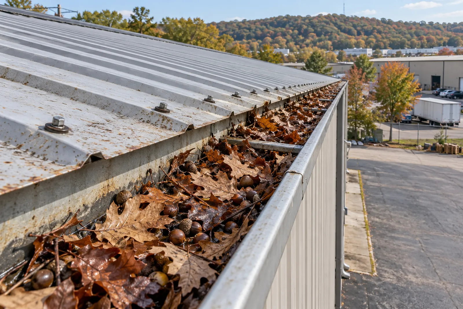 Leaves and grit packed into a commercial roof gutter