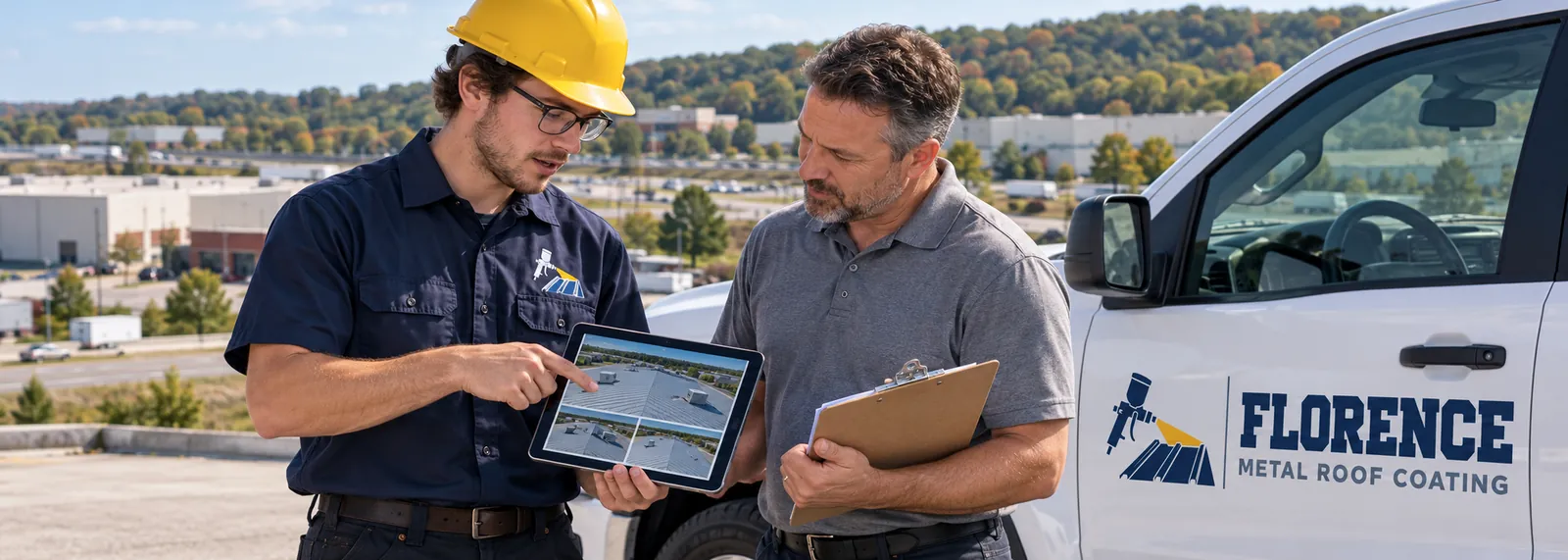 Roofer and building owner reviewing roof records on a tablet